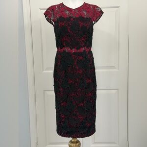 Monique Lhuillier Size 6 Red/Burgundy and Black Lace Midi Dress